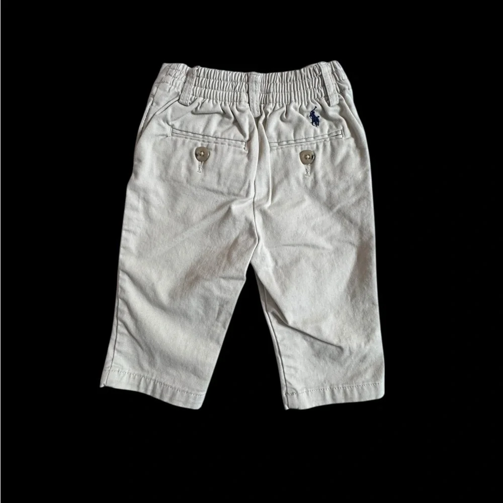 2 pc Infant boy outfit, blue  shirt, tan pants